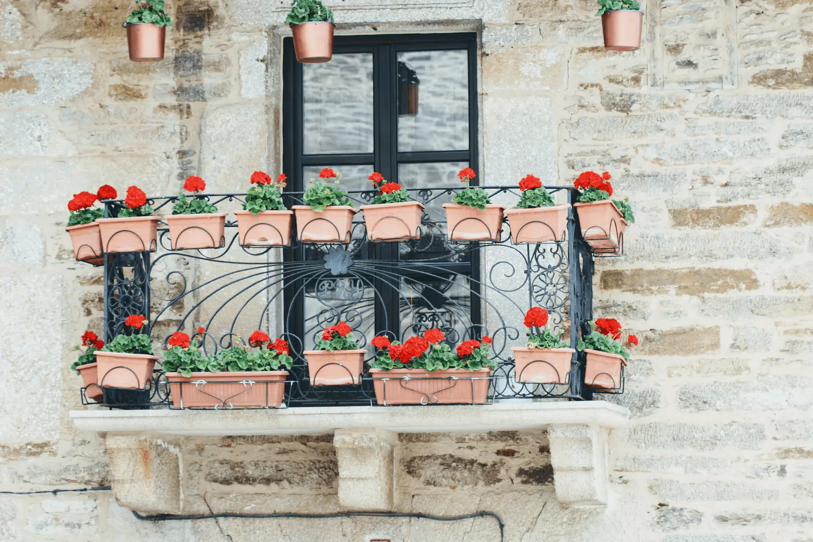 Pélargoniums rouges en pot sur un rebord de fenêtre d'une maison en pierre en Espagne