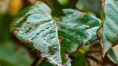 Feuille verte mouchetée et marbrée par attaque d'araignées rouges (Tetranychus urticae).
