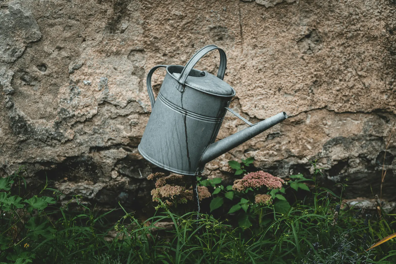 Arrosoir métallique posé sur une terre brune et sèche de jardin