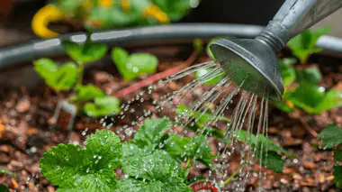Pomme d'arrosoir galvanisé versant un filet d'eau sur de jeunes plants en pot, gouttes d'eau sur le feuillage vert, arrosage au potager