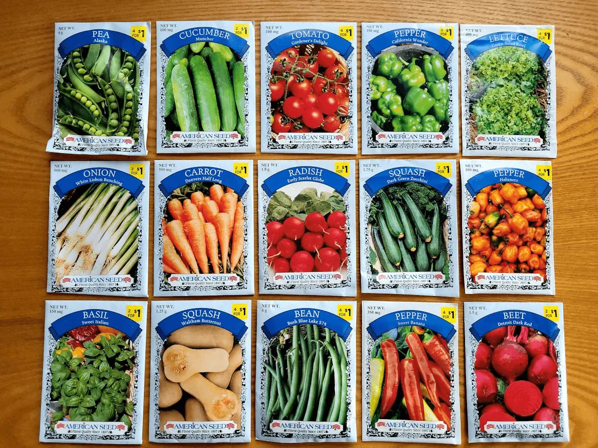 Grille de sachets de graines de légumes du potager : pois, tomate, carotte, radis, courge, haricot, betterave